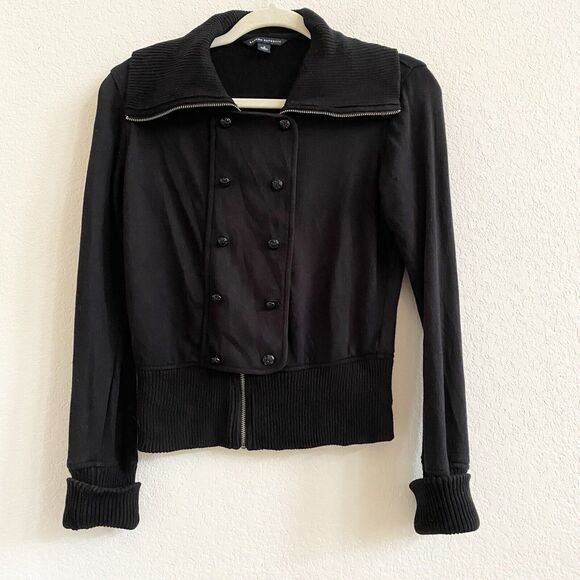 Banana Republic Black Short Sweater Jacket Women's Small Zip Button 100% Cotton - Picture 1 of 8